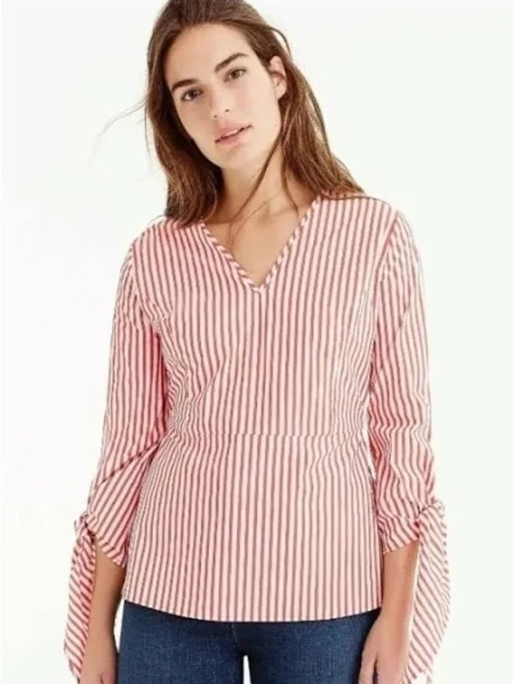 J. Crew Red and White Striped Tie-Sleeve V-Neck Blouse